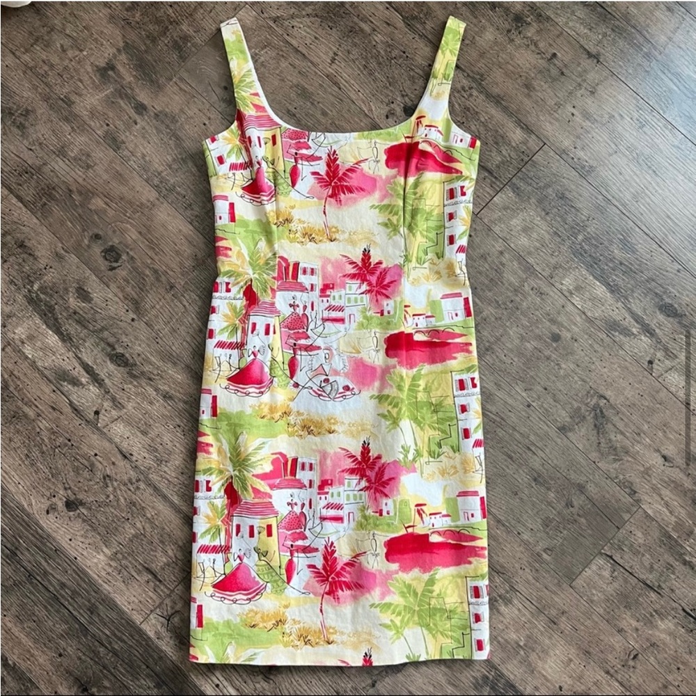Vintage Maggy London Tropical Palm Scene Print Sleeveless Sheath Dress 10
